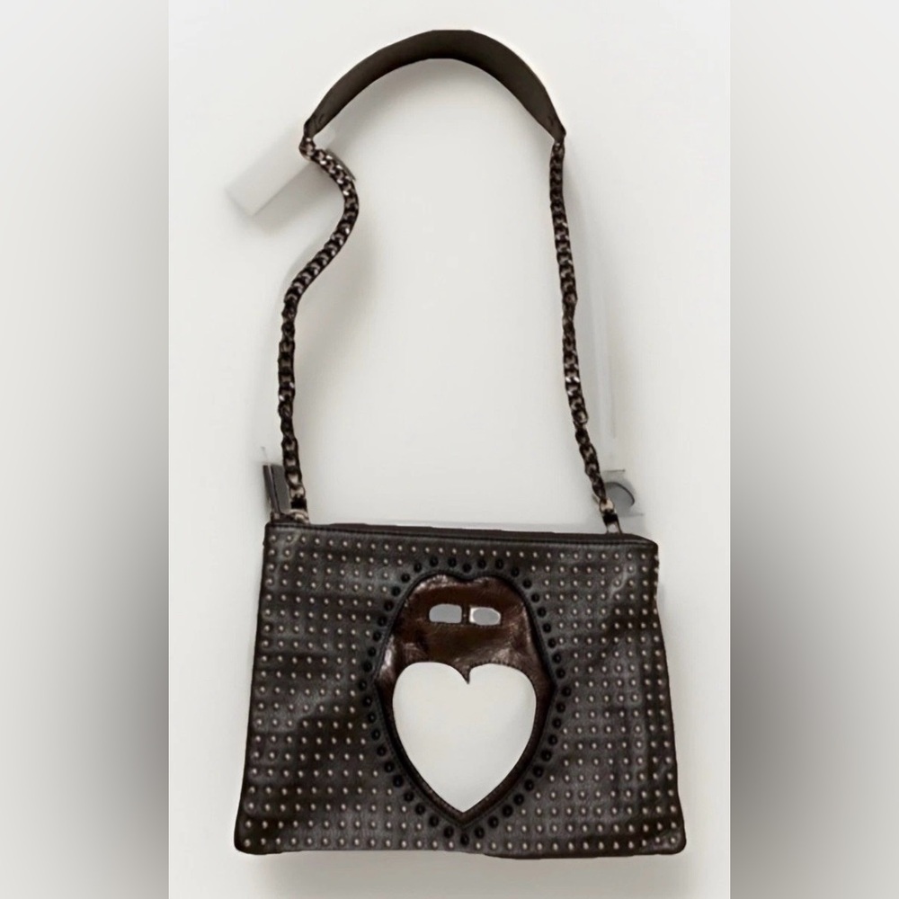 Brown Studded Heart Cutout Shoulder Bag